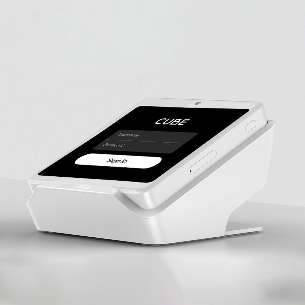Cube card terminal resting in its charging dock