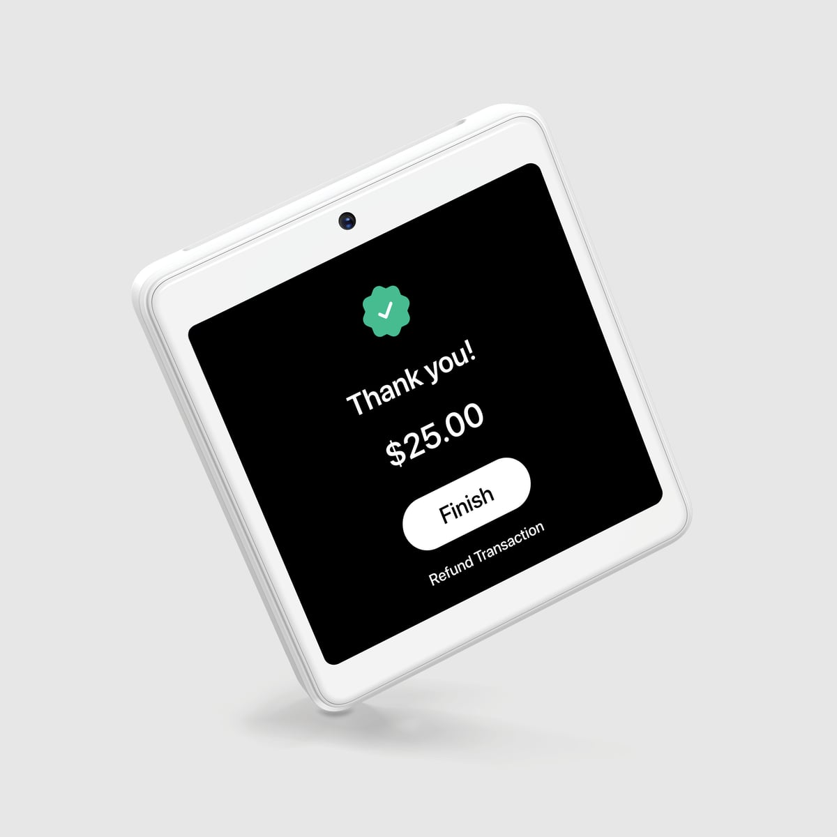Handheld Cube card terminal with touchscreen showing a completed donation