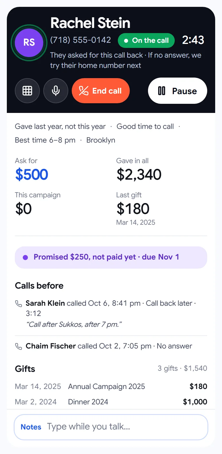 The calling screen on a phone