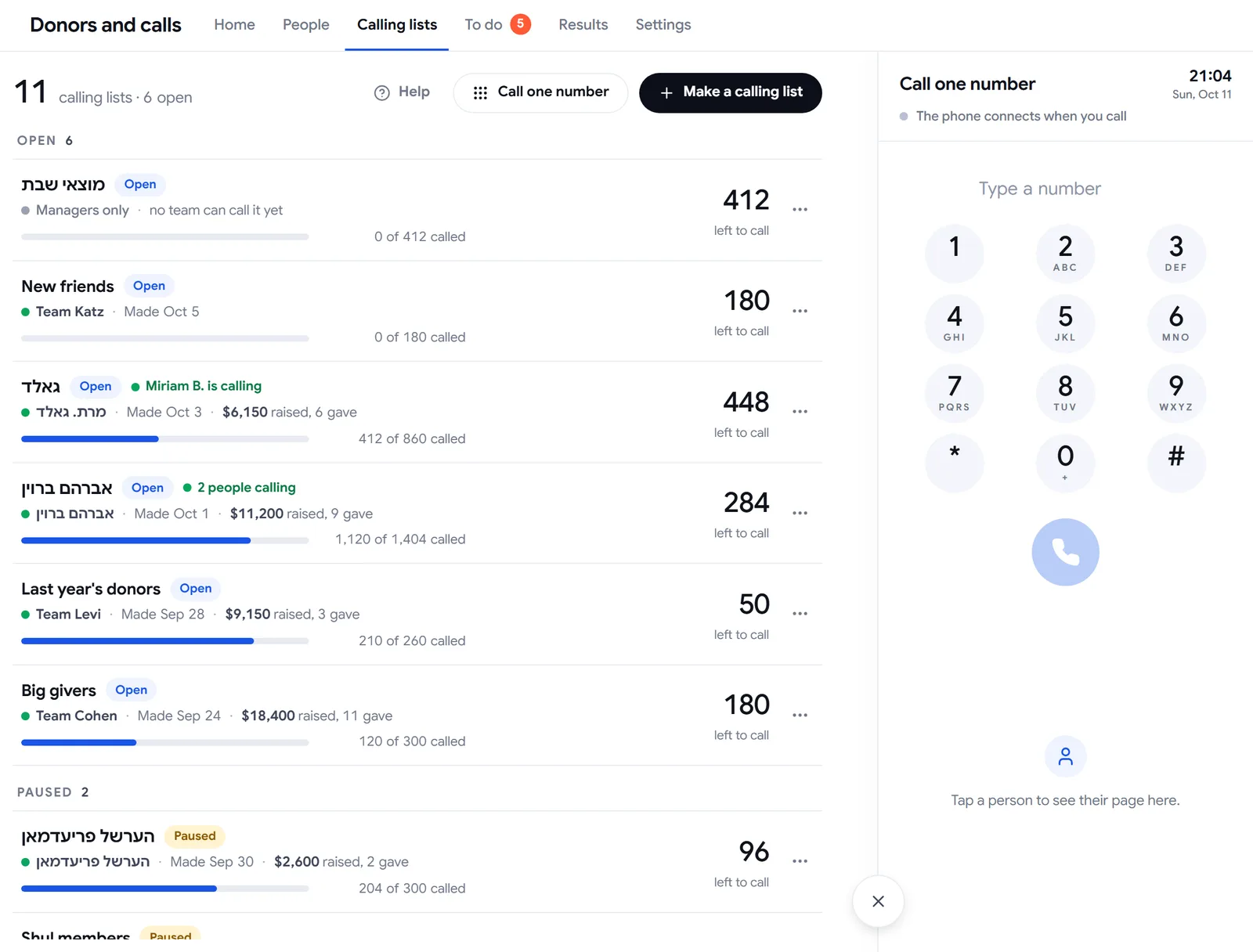 Calling lists with how many are left to call, and the Call one number keypad