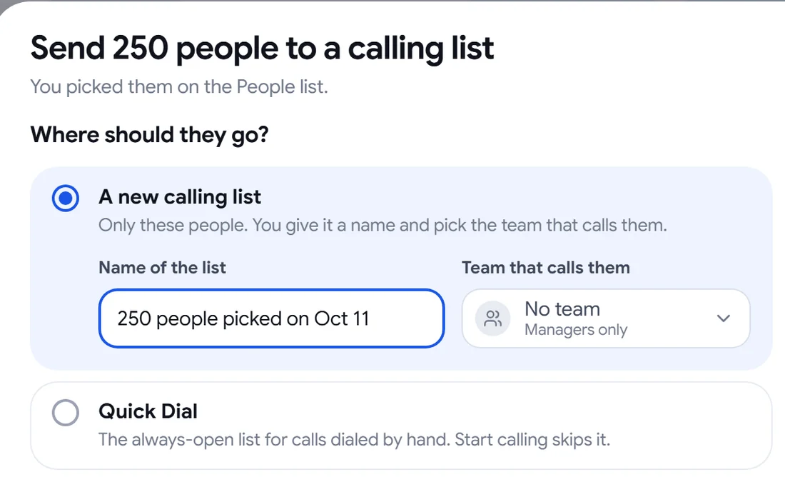 Send people to a calling list: a new list and the team that calls them