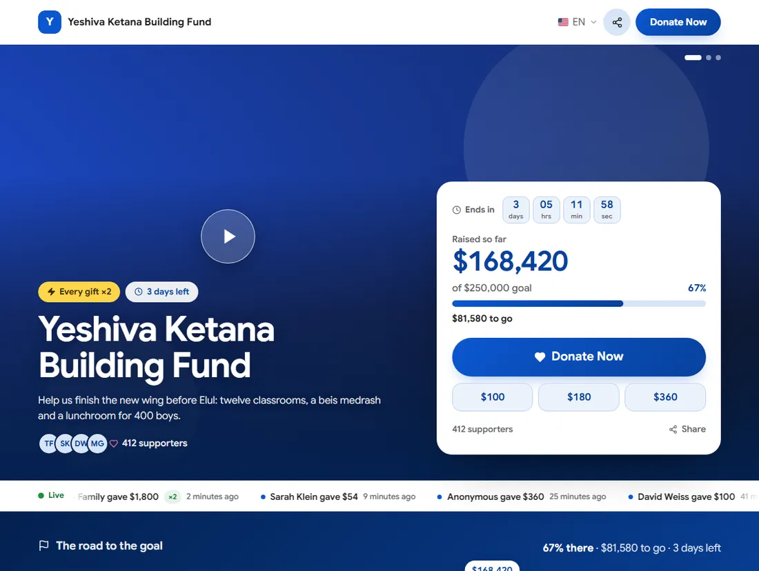 A Full Width campaign page: the picture edge to edge, the name, a countdown, Raised so far, Donate now