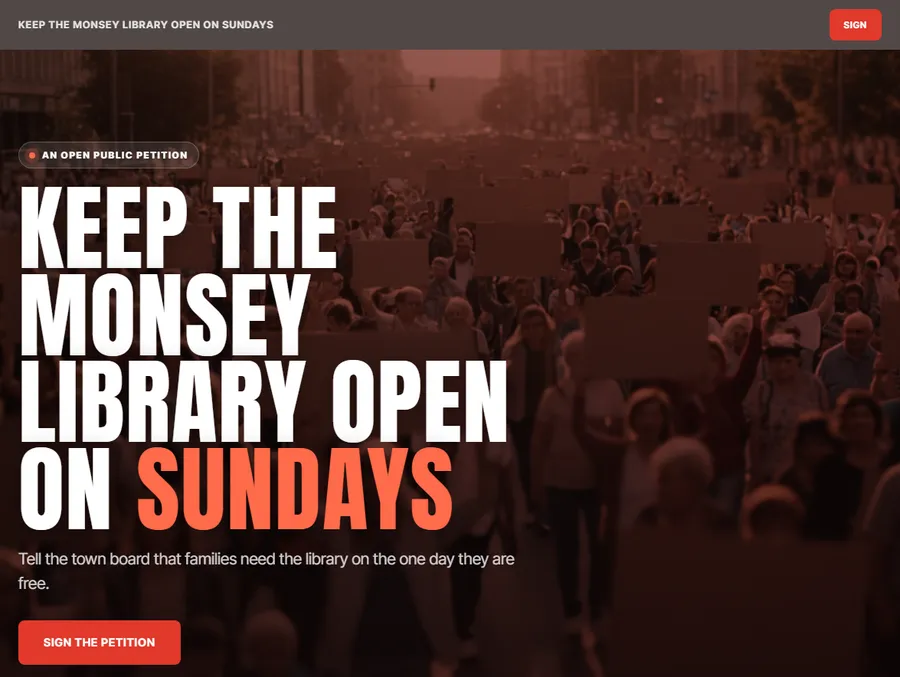 A petition page: Keep the library open on Sundays
